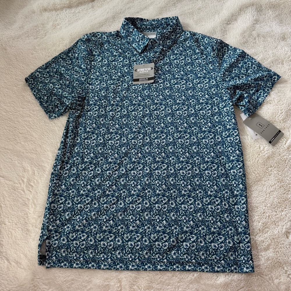 NWT PGA Tour Athletic Fit Elastics Stretch Blue Golf Floral Vacation Men's Shirt
